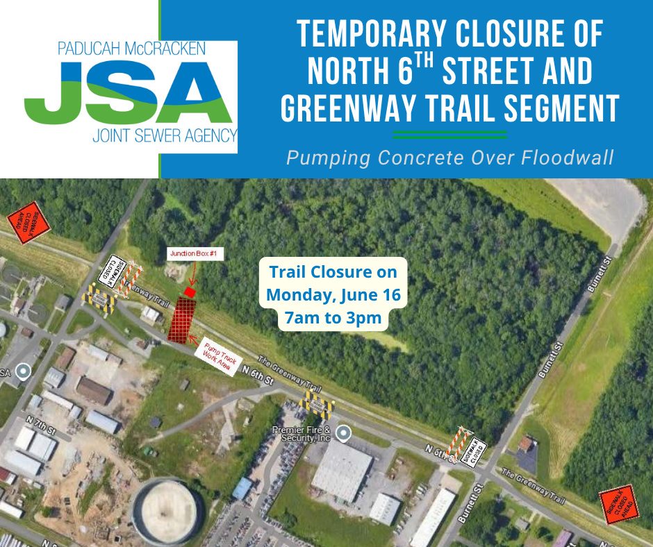 Aerial map showing closure of North 6th Street and segment of greenway trail.